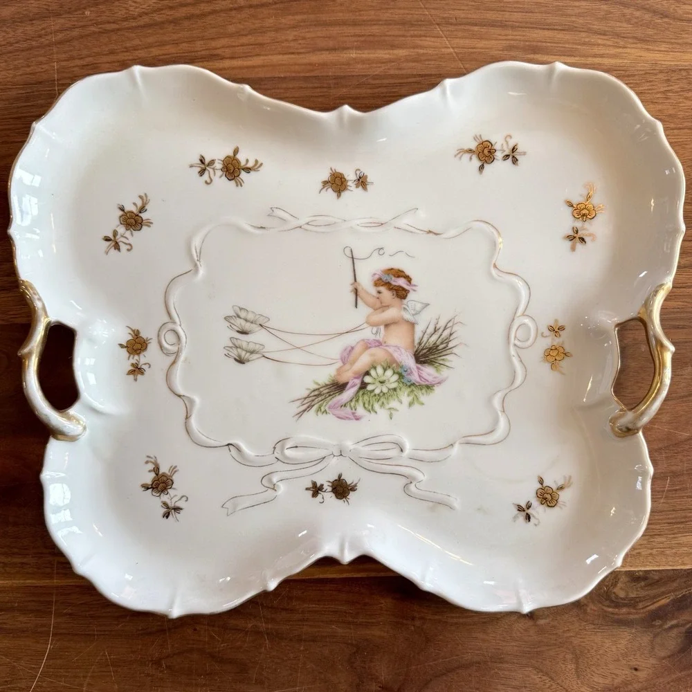 VTG‎ Antique Lenwile Ardalt Porcelain Dresser Butterfly Tray Cherub Cupid 12x10